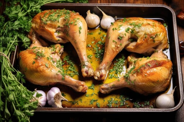 Fullframe image of chicken legs basted with garlic butter and herbs