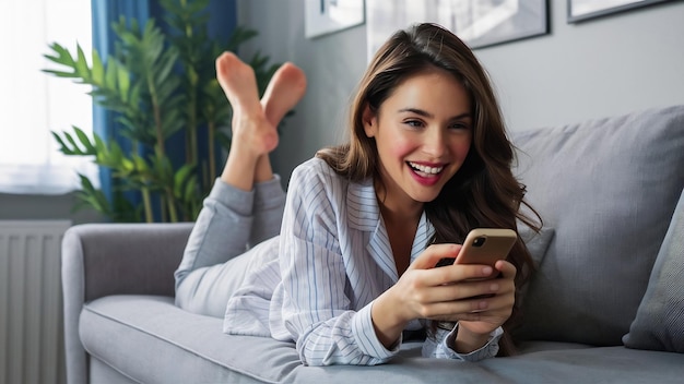 Photo fulllenght portrait of happy excited girl is lying on sofa in home suit and using smartphone with s