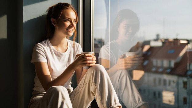 Photo fulllenght portrait of young pretty lady wearing white tshirt and pants is sitting in sunlight near