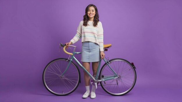 Photo fulllenght shot of girl in casual white shoes standing on purple background smiling pleased woman p