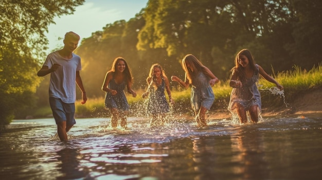 Fulllength image of people enjoying themselves at the river with a jovial young man pulling a female into the water Generative AI