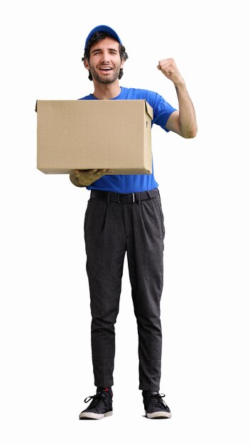 Fulllength male courier holding a box on a white background