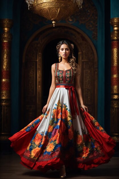 fulllength model wears Sarafan traditional Russian women's dress vivid and rich colors bright