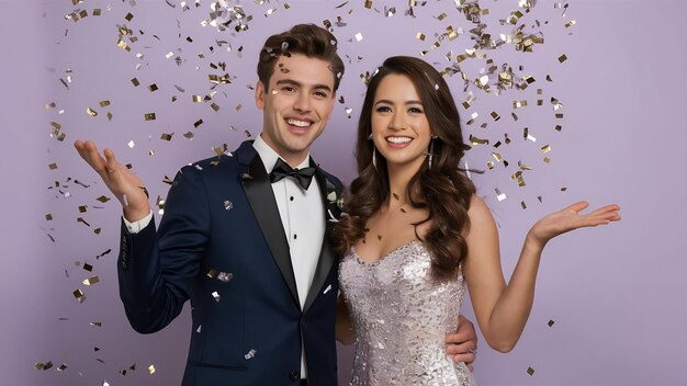 Photo fulllength photo of elegant young couple in evening outfits smiling and posing with confetti agains