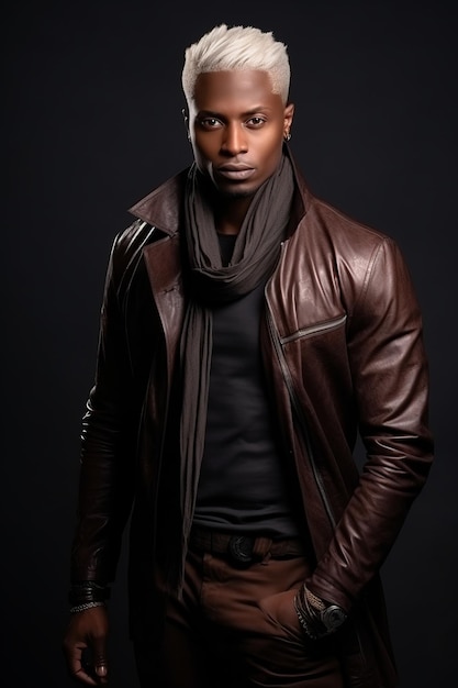 fulllength photo in the studio of a darkskinned handsome guy with white hair and blue eyes standing on a dark background with a serious facial expression in brown