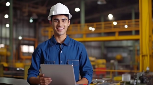 Fulllength photograph An attractive engineer wearing a safety helmet and grinning laptop in hand and engineer suit GENERATE AI