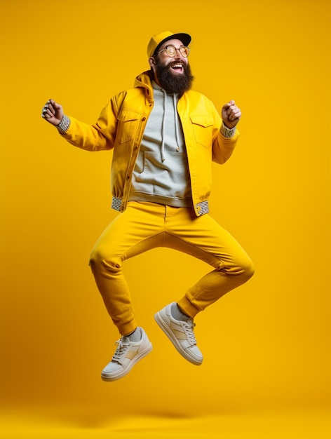 Photo fulllength portrait of bearded man in casual clothes jumping posing against vivid yellow