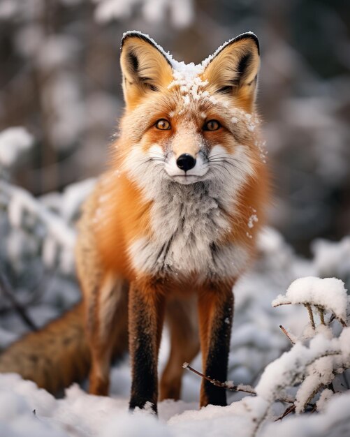 Fulllength portrait of red fluffy fox in snowy forest landscape standing and looking at the camera