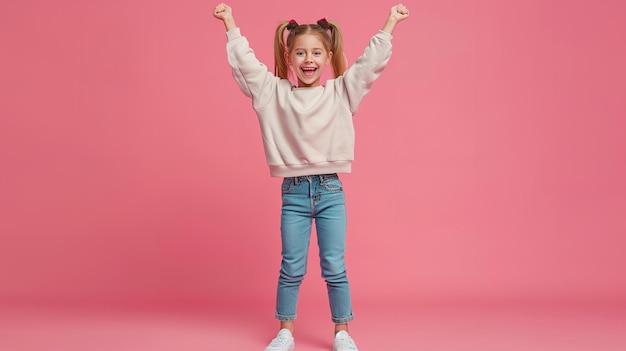 Fulllength portrait with a joyful cheery pastel backdrop showing a tiny girl jumping Generative AI