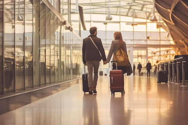 A fulllength rear view of a man and woman confidently pulling their travel suitcases