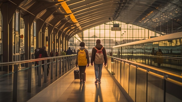 A fulllength rear view of a man and woman confidently pulling their travel suitcases