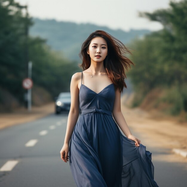 A fulllength shot of a Korean woman wearing a dress at the age of 25 against