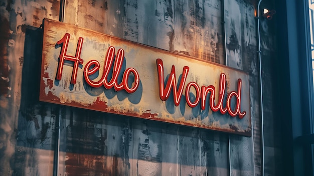 写真 プロの映画写真家が撮影した木製の hello world サインの全身写真