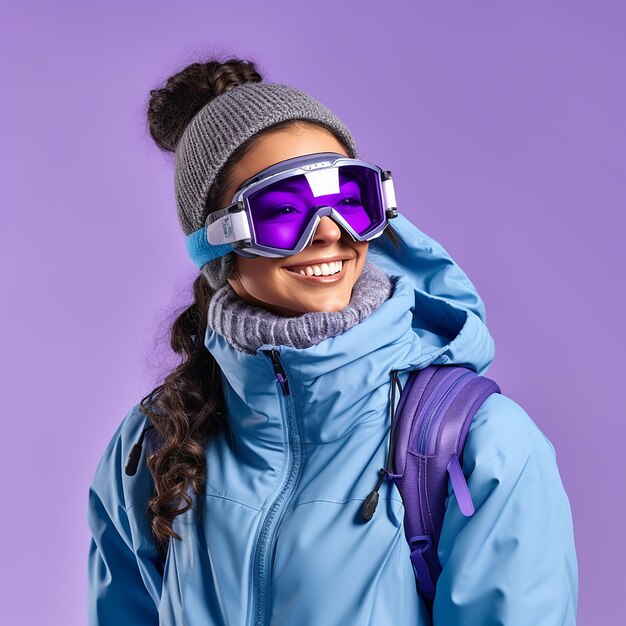 FullSize Portrait of Happy Woman in Warm Purple Padded Gear