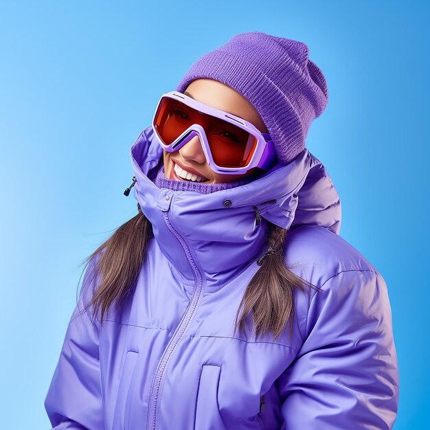 Fullsize portrait of happy woman in warm purple padded gear