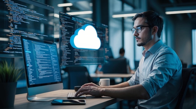 Разработчик fullstack работает над кодированием облачной интеграции в фоновом режиме современный процесс разработки программного обеспечения Cloud Integration Software Development Keywords fullstack developer