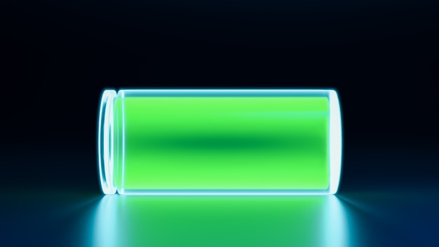 Fully charged 3D battery, neon glowing smartphone device recharging, power and energy technology concept illustration