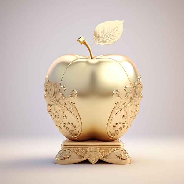 Fully golden apple on a white background Ancient demonic artifact mysterious ornament high resolution art generative artificial intelligence