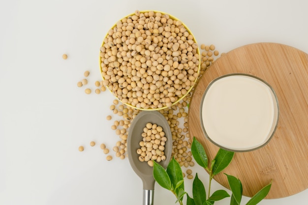 Fagioli completamente di soia nella ciotola, latte di soia e cucchiaio sulla tavola bianca.