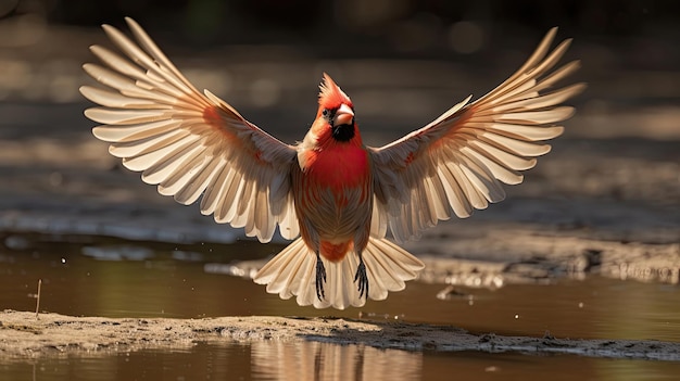 完全に広げられた翼が動いている わずかなモーション ブラーを作成して飛び立つ北方枢機卿の男性 Cardinalis Cardinalis