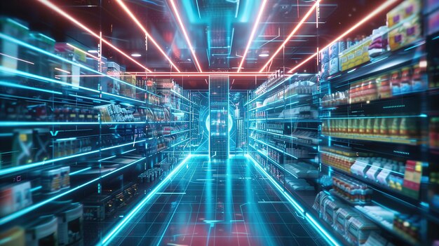 FullyStocked Grocery Store With Rows of Food Shelves holographic wireframe digital visualization