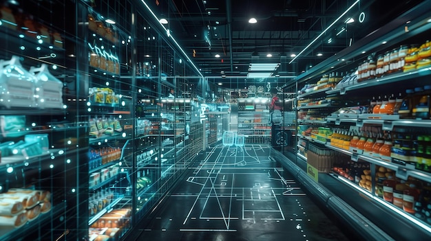 FullyStocked Grocery Store With Rows of Food Shelves holographic wireframe digital visualization