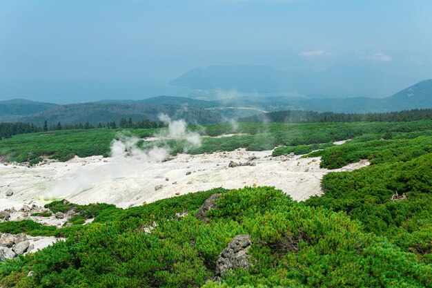 Fumarole-veld op de helling van de Mendelejev-vulkaan op het eiland Kunashir met uitzicht op de oceaan in de nevel