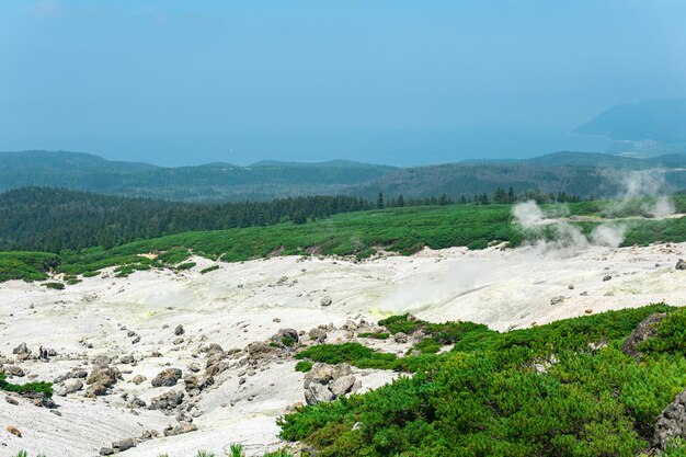 Fumarole-veld op de helling van de Mendelejev-vulkaan op het eiland Kunashir met uitzicht op de oceaan in de nevel