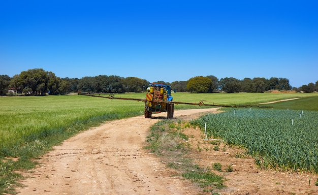 Fumigation tractor in cereal and onion field