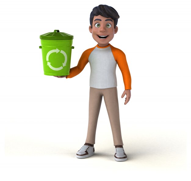 Fun 3D cartoon Asian teenager with recycling bin