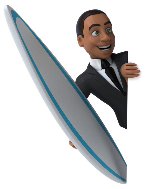 Fun 3D cartoon business man surfing