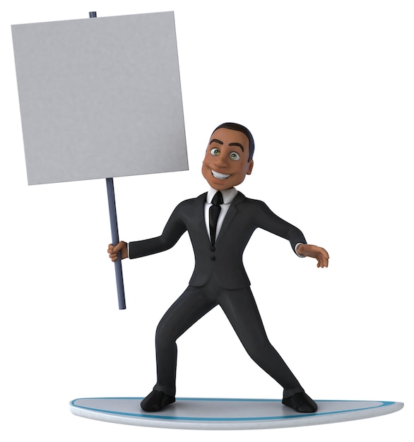 Fun 3D cartoon business man surfing