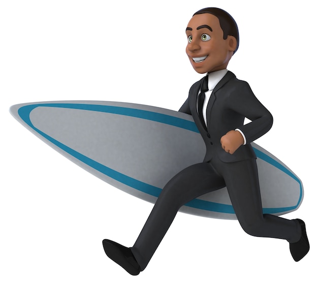 Fun 3D cartoon business man surfing