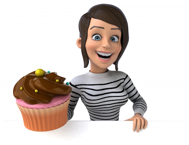 Fun 3D cartoon casual character woman with cupcake