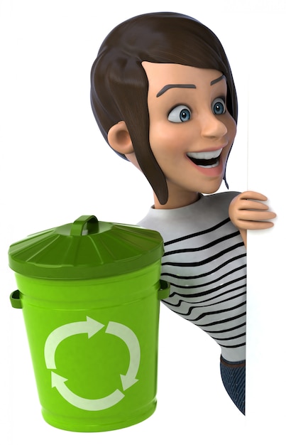 Photo fun 3d cartoon casual character woman with recycling bin