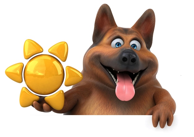 Fun 3D cartoon german shepherd dog with a sun