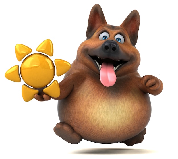 Fun 3D cartoon german shepherd dog with a sun