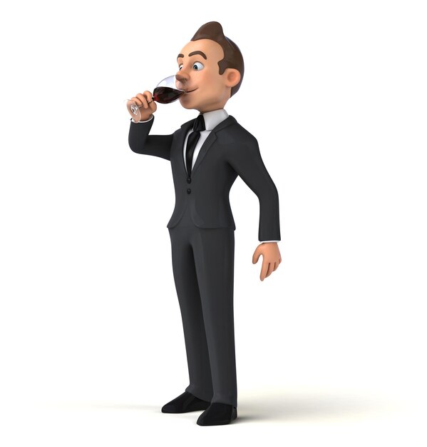 Fun 3D cartoon illustration of a business man with a glass of wine