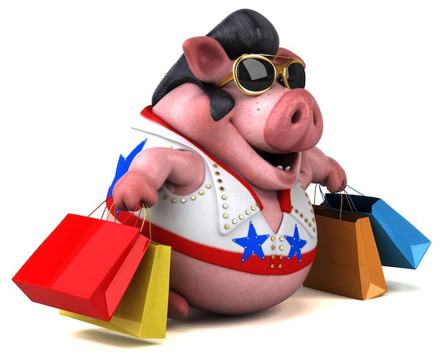 Fun 3D cartoon illustration of a pig rocker