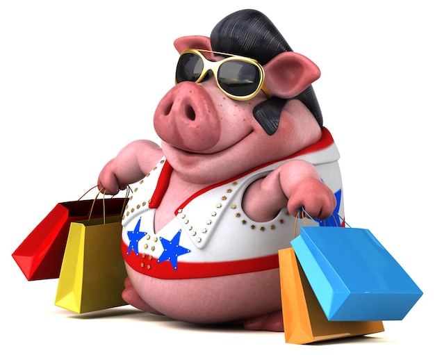 Fun 3D cartoon illustration of a pig rocker