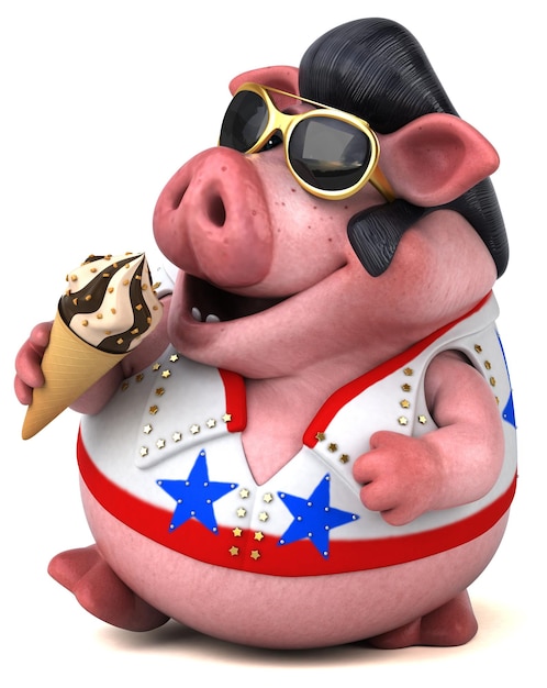 Fun 3D cartoon illustration of a pig rocker