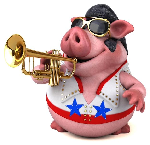 Fun 3D cartoon illustration of a pig rocker