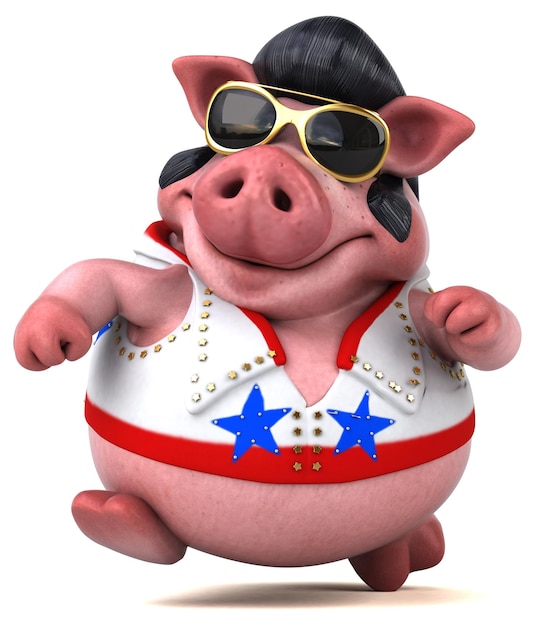 Fun 3D cartoon illustration of a pig rocker