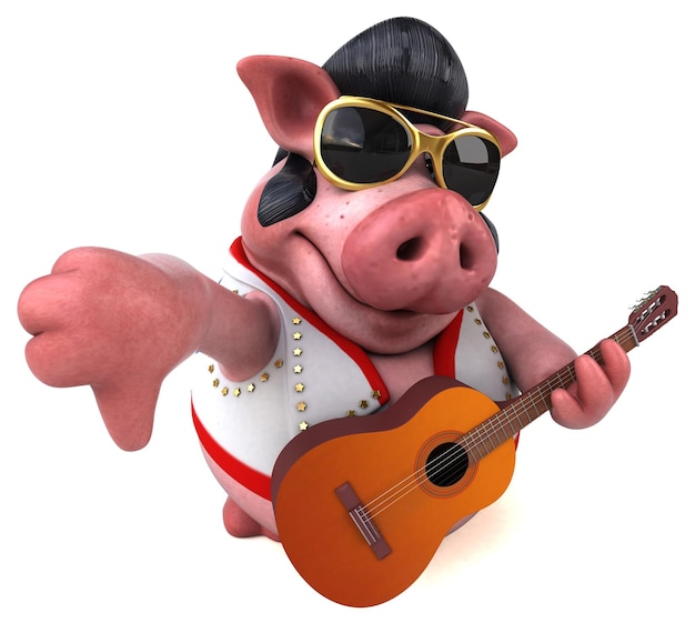 Fun 3D cartoon illustration of a pig rocker