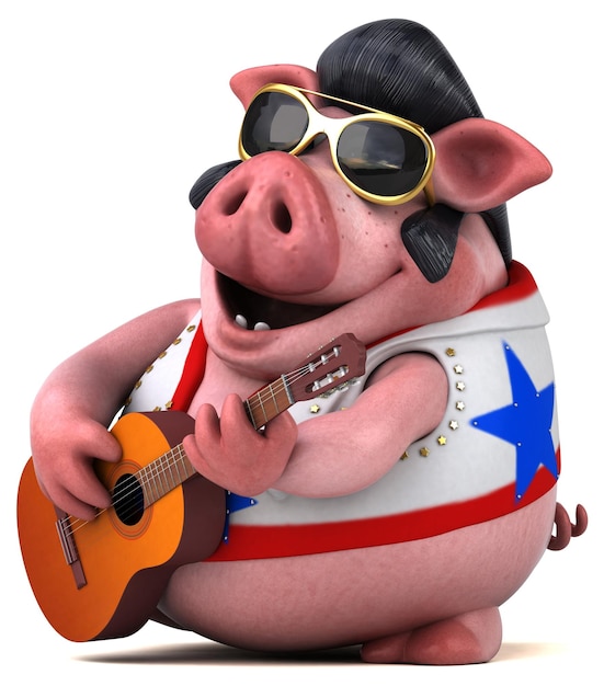 Fun 3D cartoon illustration of a pig rocker