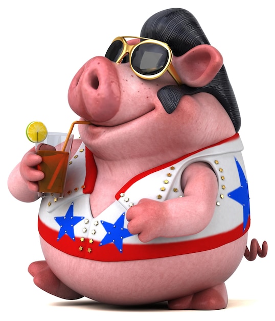 Fun 3D cartoon illustration of a pig rocker