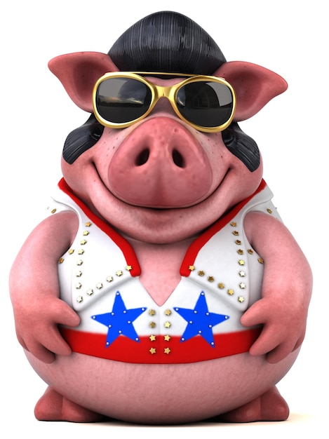 Fun 3D cartoon illustration of a pig rocker