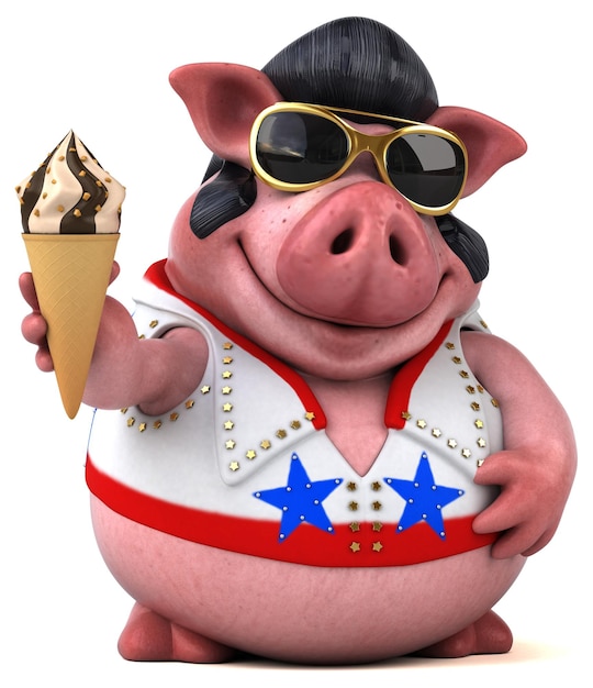 Fun 3D cartoon illustration of a pig rocker