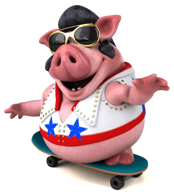 Fun 3D cartoon illustration of a pig rocker