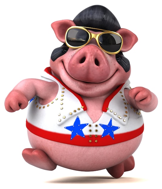 Fun 3D cartoon illustration of a pig rocker